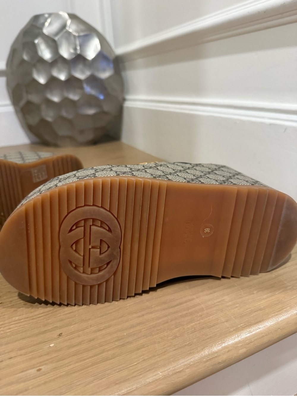 Gucci Beige Monogram Platform Sandals with Gold Grommets - Picture 6 of 6